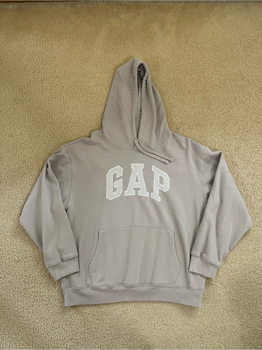 Gap Logo Embroidered Beige Pullover Fleece Lined Hoodie - Large
